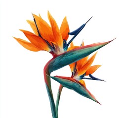 Two vibrant bird-of-paradise flowers, orange and teal.  Detailed illustration, isolated on white