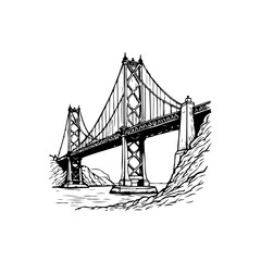 Artistic depiction of a suspension bridge in black and white illustration style
