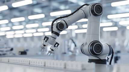 Modern industrial robotic arm in a clean manufacturing facility