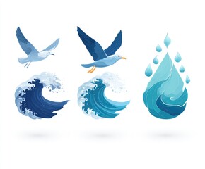 Oceanic icons seagull, waves, water drops