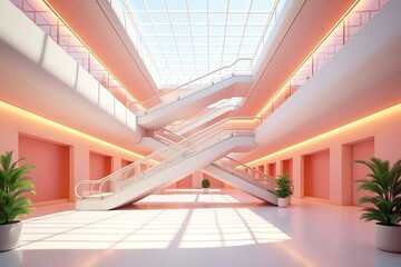 Modern interior design with escalators and plants in pink and white color palette for architecture inspiration
