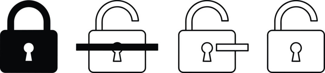 Security lock icon set, closed and open padlock symbols, password protection, privacy access, safety concept, outline flat design
