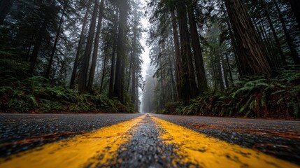 Rainy Forest Road Through Tall Trees