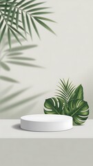 Clean white podium with tropical leaves and palm shadows