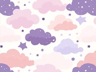 Pastel clouds and stars repeat pattern.  Soft pink, lavender, and purple clouds and stars on a white background.  Simple, childlike design