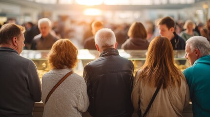 Fototapeta premium Enriching Journey Through Religious History - Visitors immersed in learning about diverse beliefs under Morning Light, High-Angle Shot with Dreamy Focus