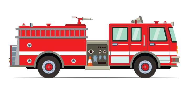 Fire engine truck front view. Firetruck car with Siren alarm and water tank. Firefighter red vehicle. Fireman emergency rescue transport. Firefighting lorry vector eps flat illustration