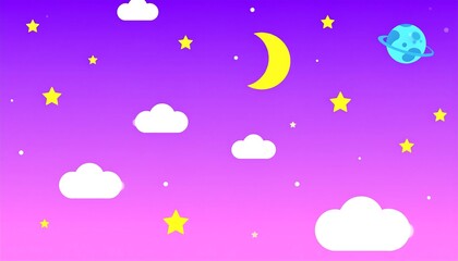 Simple night sky illustration with clouds, stars, moon and planet.
