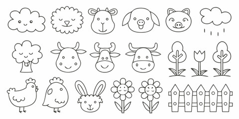 Cute hand drawn farm animals and nature elements collection
