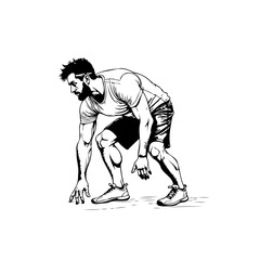 A determined athlete poised to sprint, captured in a dynamic monochrome sketch