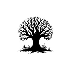 A solitary black tree silhouetted against a white background, a symbol of nature