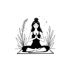 Serene yoga illustration: A woman in lotus position surrounded by botanicals