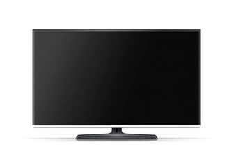 Flat-screen TV, black display, white bezel, dark gray base