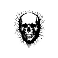 Intricate skull illustration with abstract branching background conveying mortality