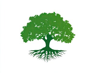 Green tree silhouette with extensive roots against a white background.  A large, leafy tree with prominent, detailed roots is shown