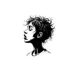 Stylized monochromatic portrait of a young woman with short curly hair in profile
