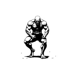 Powerful physique: Silhouette illustration of a muscular bodybuilder squatting