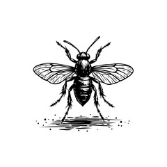 Detailed Black and White Drawing of a Bee in Flight Showing Intricate Wing Details