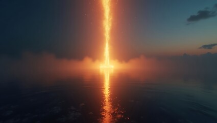Fototapeta premium Fiery beam of light over ocean landscape wallpaper background stock photo for desktop and mobile wallpaper