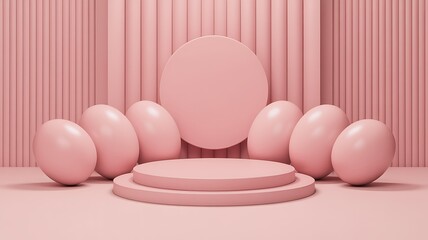 Fototapeta premium Minimalist pink pedestal display with oval shapes and vertical backdrop