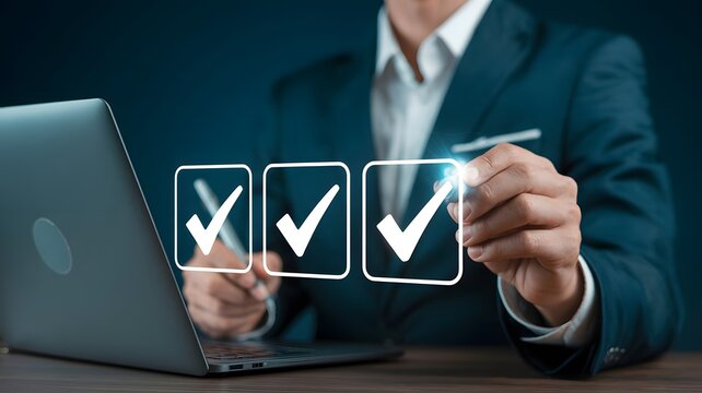 Businessman marking all his task as done. Business done.
