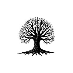 Silhouette of a bare tree with sprawling branches and roots on white background