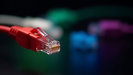 Red ethernet cable close up for network connection and internet access with blurred background and rj connector