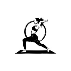 Silhouette of a woman performing aerial yoga with a hoop for fitness and wellness