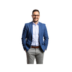 Fototapeta premium A smiling man in his thirties, wearing glasses and dressed for work with a blue blazer over light gray trousers, stands against a transparent background
