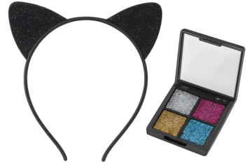 A black cat headband and a makeup kit with a mirror