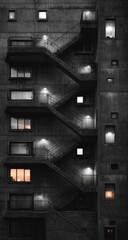 Exterior concrete building, angled staircase, lit windows