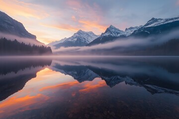 Fototapeta premium tranquil reflection of snowy peaks at sunrise.