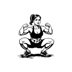 Strong fitness woman squatting and flexing muscles showing abdominal muscles illustration