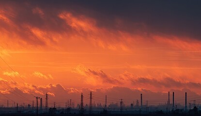 Fiery sunset over industrial complex, power lines, cityscape