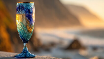 A champagne flute, vibrant blue and teal with gold trim, stands on a ledge, overlooking a blurred sunset ocean view