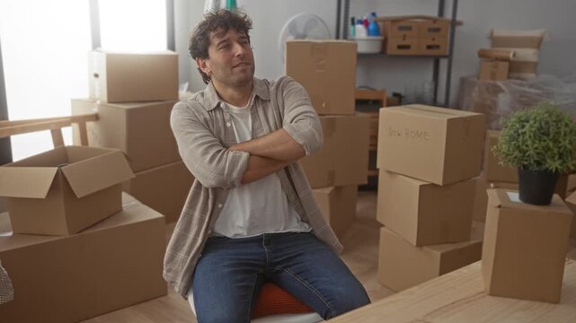 Hispanic man sitting with arms crossed surrounded by moving boxes in new home showcasing thoughtful expression in modern living space with natural light.