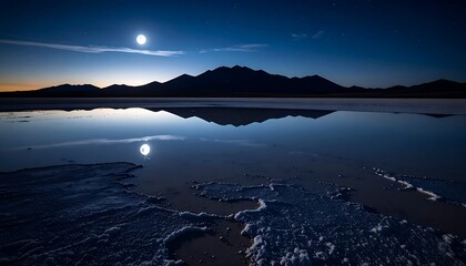Reflecting Moon Over Still Waters with Mountain Silhouette at Night