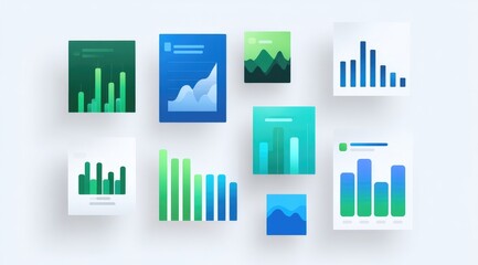 Collection of various charts and graphs, in vibrant teal, green, and dark teal shades, on light gray backgrounds, creating a presentation-ready, infographic-style visual