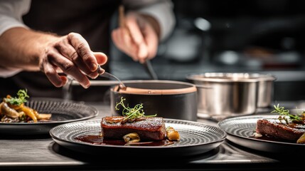 Chef Plating Gourmet Braised Short Ribs with Sauce and Garnish in Restaurant Kitchen