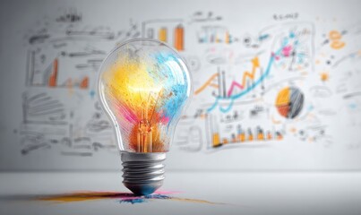 A glowing lightbulb, vibrant with color, sits amidst a backdrop of creative sketches