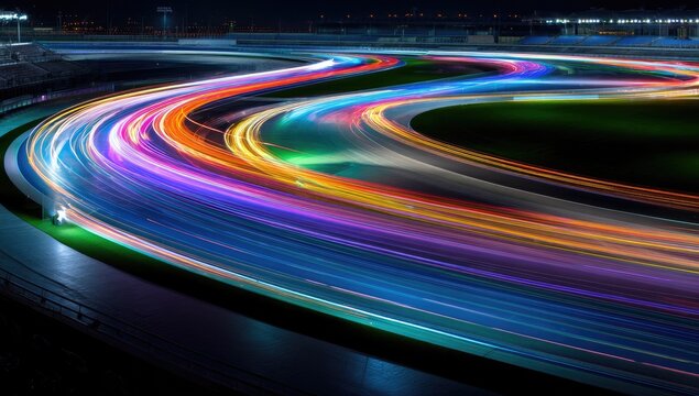 Night race track lights blur a curved racing track at night. Colorful light streaks from cars create a dynamic effect