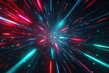 Obraz premium Hyperspace tunnel, vibrant streaks of red and teal, radiating from a central point, filled with glowing particles