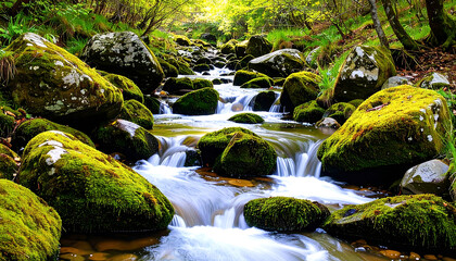 Obraz premium A quiet stream flowing over smooth, moss-covered rocks