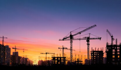Fototapeta premium Cityscape construction site sunset silhouette