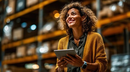 Smiling Businesswoman Using Tablet in Warehouse – Modern Logistics and Inventory Management Concept
