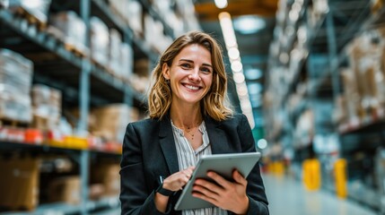 Smiling Businesswoman Using Tablet in Warehouse – Modern Logistics and Inventory Management Concept