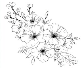 Elegant black and white floral bouquet. Delicate blossoms, stems, and leaves. Intricate line art