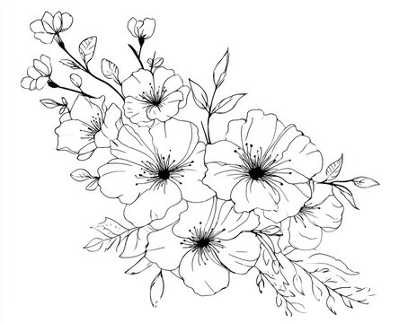 Elegant black and white floral bouquet.  Delicate blossoms, stems, and leaves.  Intricate line art