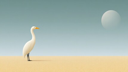 Obraz premium White egret standing on sandy beach with moon in hazy sky bird cloud fog