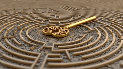 Obraz premium Golden Key in the Center of a Maze, Solution Concept